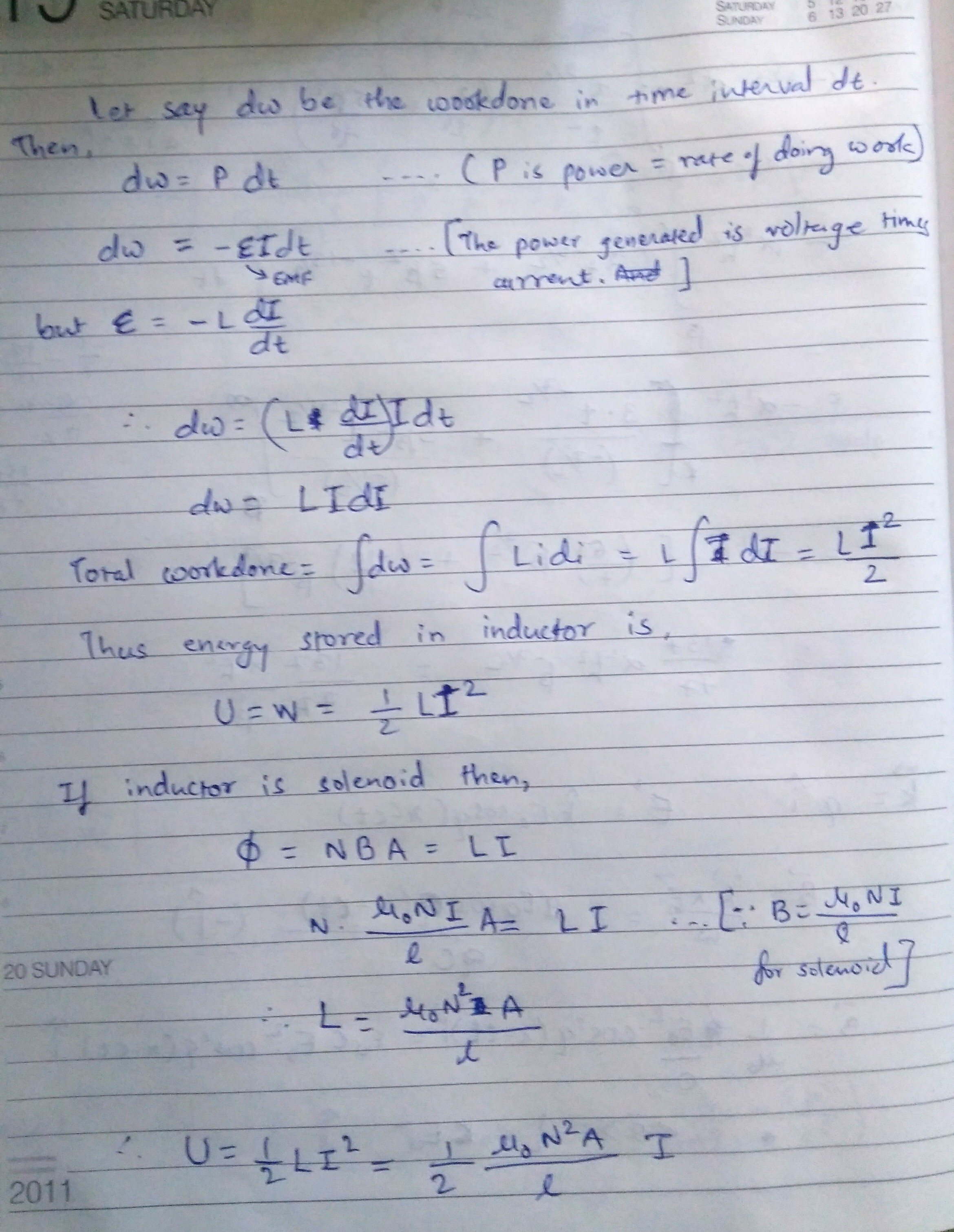 Derive the expression for energy stored in a inductor