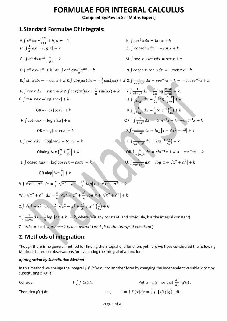 Formula Sheet For Integration - Notes - LearnPick India