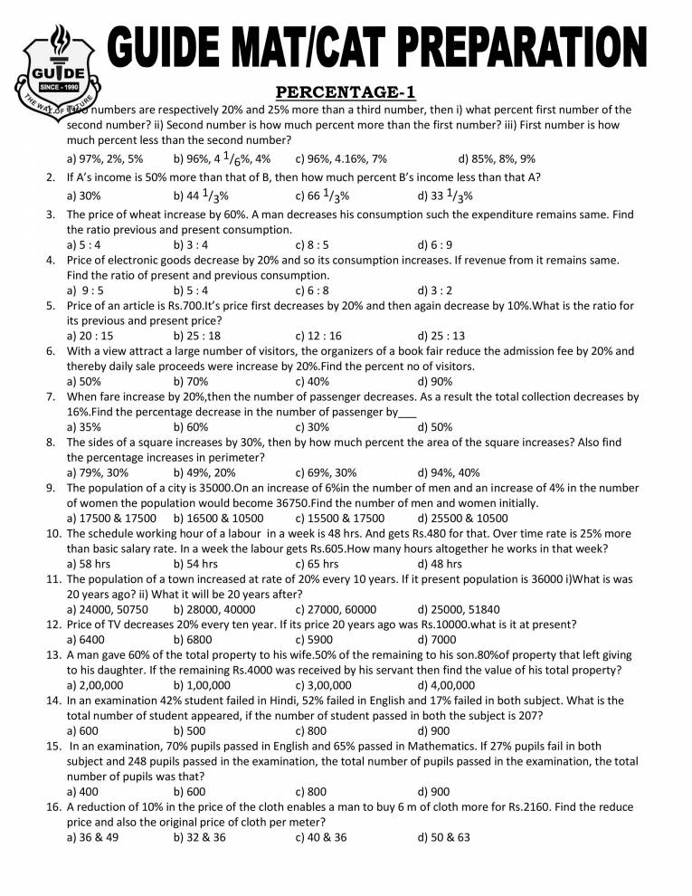 PERCENTAGE PRACTICE SET FOR MAT/CAT/BANK P.O. Notes LearnPick India