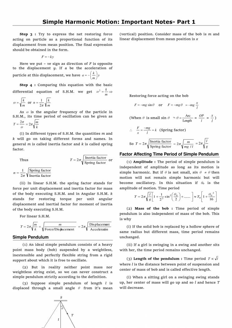 Notes On Simple Harmonic Motion Important Notes Part 1 Notes