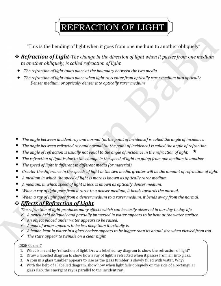 Refraction Of Light I CBSE CLASS 10 I LIGHT Notes LearnPick India
