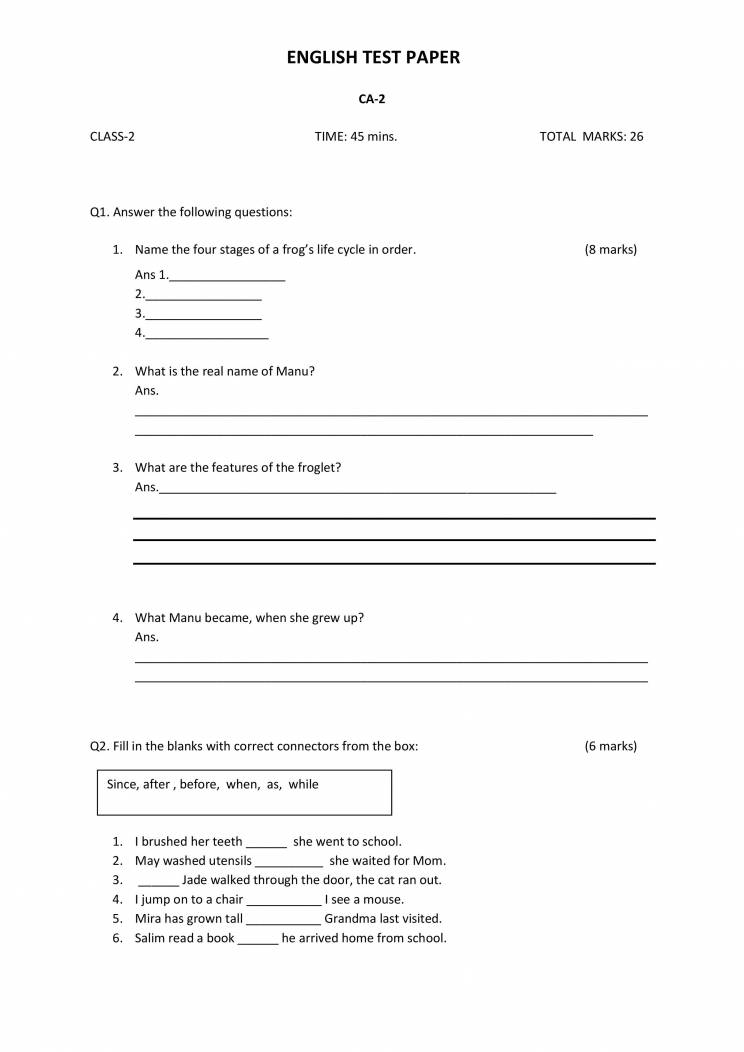 English Question Paper Class 2 Notes LearnPick India