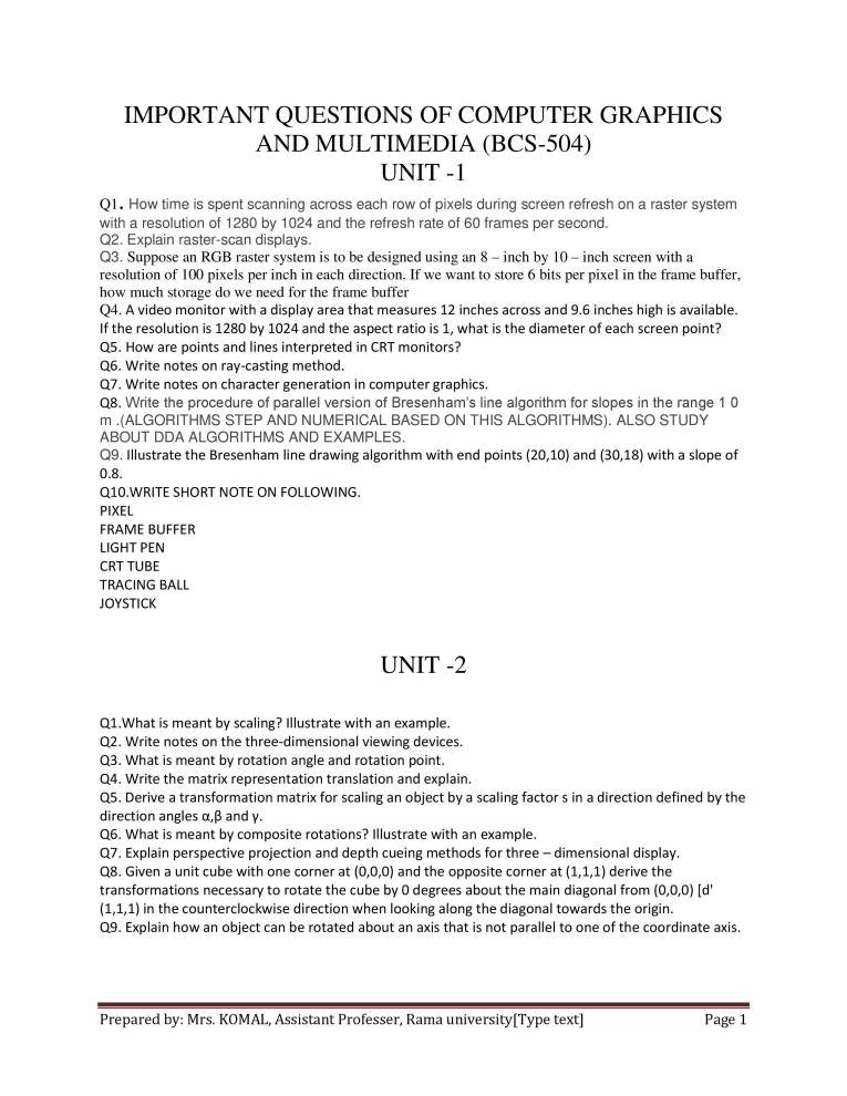 Important Questions On Computer Graphics - Notes - LearnPick India