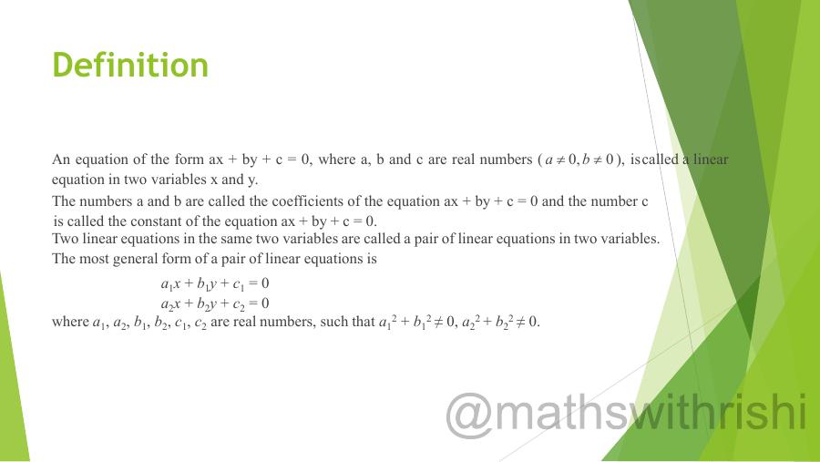 PAIR OF LINEAR EQUATIONS IN TWO VARIABLES (Class 10th) - PowerPoint ...